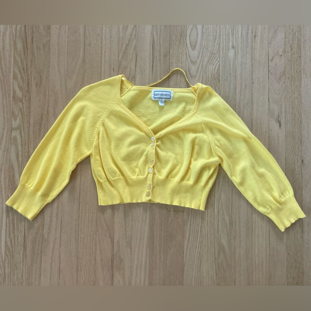 Y2K Karin Stevens Bright Sunny Lemon Yellow Cropped Cardigan Spring Cottagecore